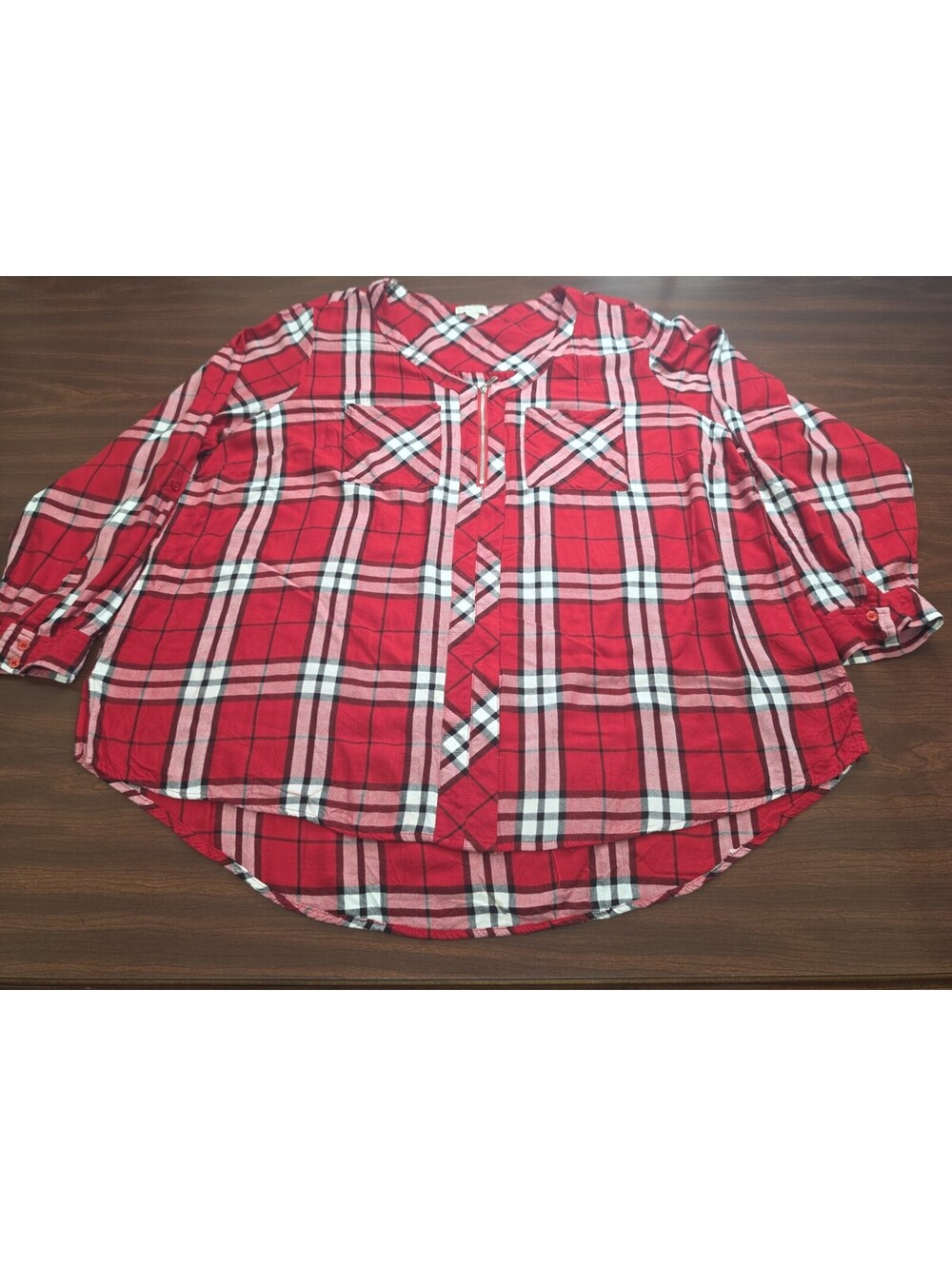Cato Red Black Long Sleeve Tunic Flannel Shirt 22W 24W Plus Size Cozy Cabin Core